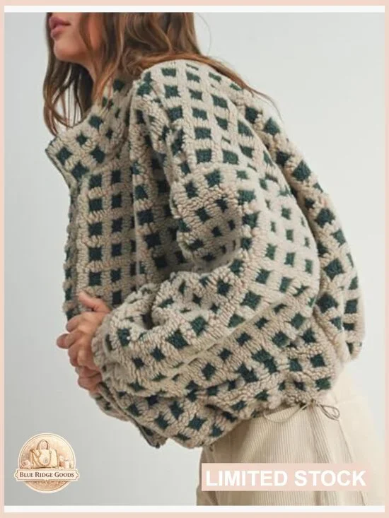 Long Sleeve Cropped Sherpa Fleece Jacket Plaid Teddy Oversized Chunky Outerwear - Picture 5 of 7